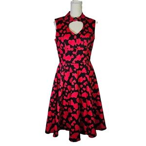 Heart & Roses Women's Sleeveless Midi Dress Black w/ Red Hearts Retro Romantic